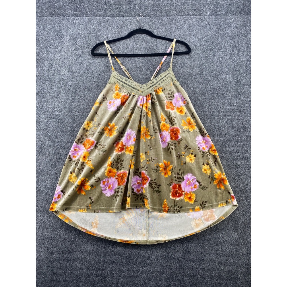 White Birch Floral Velvet Camisole Top XL Olive Green Lace Trim High Low Boho